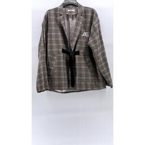 ZBCR Women's Tan-Black Plaid Buckle Closure Notch Collar Blazer SZ M